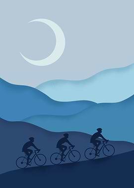Cyclists under the crescent moon