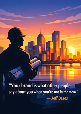 Engineer overlooking city at sunset