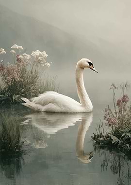 Serene Swan in Misty Lake