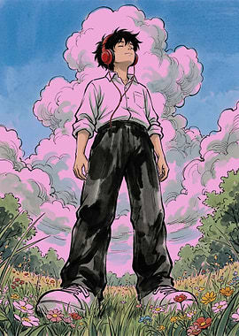 Boy listening to music in a field