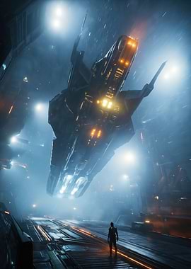 Sci-fi Spaceship in a Futuristic Hangar