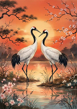 Two Cranes at Sunset