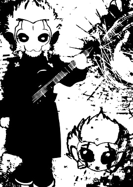 Anime character playing guitar with a smaller character