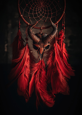 Gothic Dreamcatcher with Ram Skull and Red Feathers