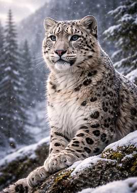 Snow Leopard in Snowy Forest