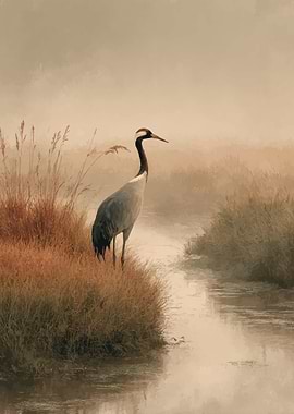 Crane in a Misty Wetland