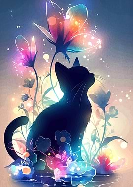 Black Cat Among Glowing Flowers