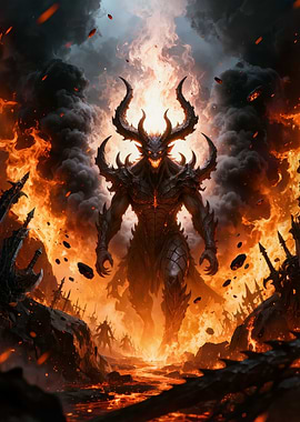Demonic figure in a fiery landscape