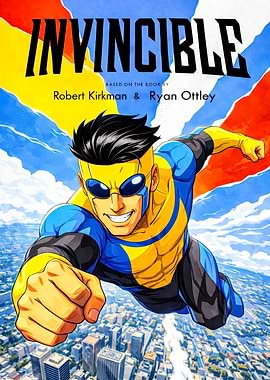 Invincible flying over a city