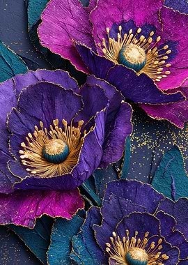Textured Purple Poppies Gold Floral Art