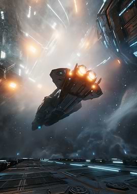 Spaceship in a Futuristic Space Station