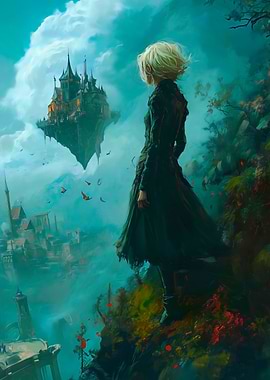 Woman overlooking a floating castle