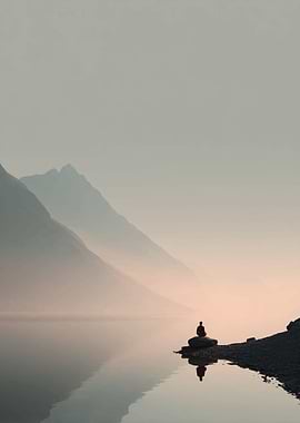 Person meditating by a misty lake