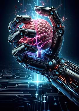 Robotic Hand Holding Glowing Brain