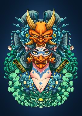Geisha with Oni Masks and Bloosom Flowers