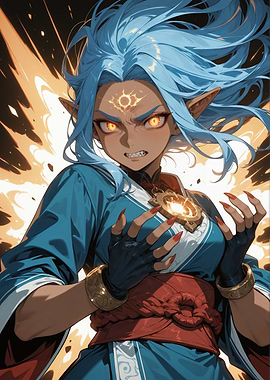 Anime Elf with Blue Hair and Glowing Eyes