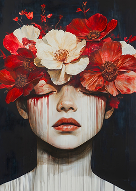 Woman with Flowers and Blood Tears