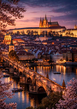 Prague Castle and Charles Bridge at Dusk
