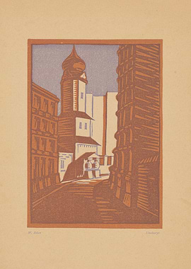 Street scene with tower and buildings