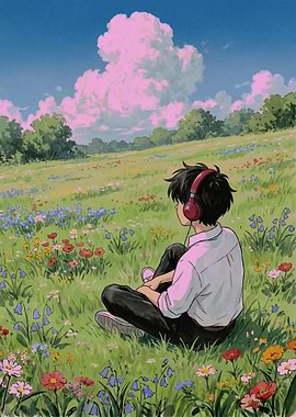 Boy Listening to Music in a Flower Field