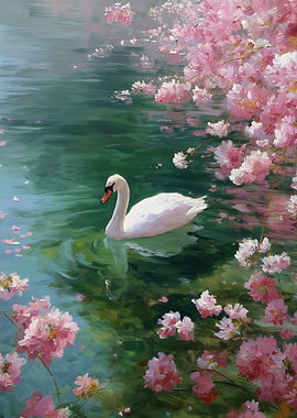 Swan and Cherry Blossoms Painting