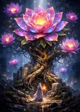 Mystical Tree with Glowing Lotuses