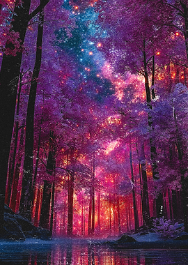 Enchanted Forest with Galaxy Sky