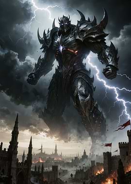 Giant Armored Warrior in Stormy City