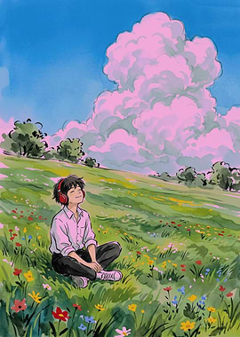 Anime Boy Listening to Music in a Field