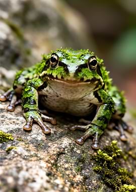 Moss-covered frog on a rock