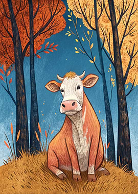 Cow in Autumn Forest
