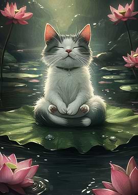 Zen Cat Meditating on Lotus Leaf