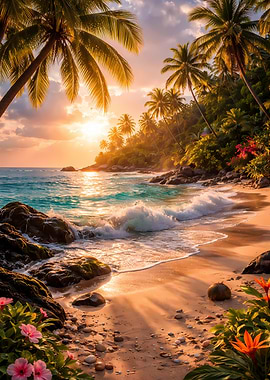 Tropical Beach Sunset with Palm Trees