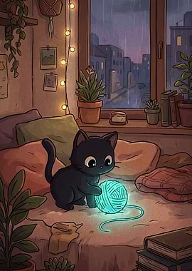 Black Cat Playing with Glowing Yarn