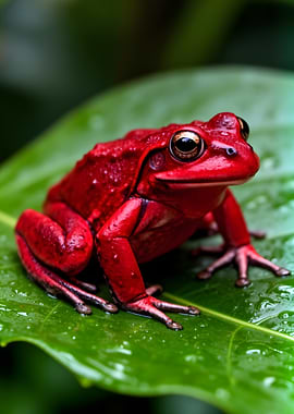 Vibrant Red Frog on Green Leaf