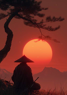Samurai meditating at sunset