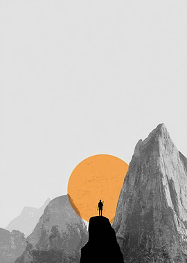 Minimalist Mountain Climber with Orange Sun