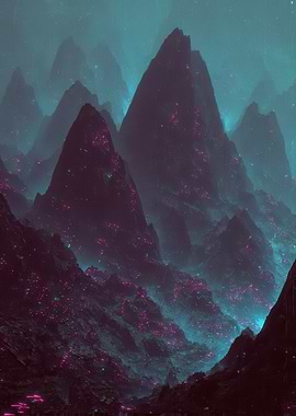 Mystical Mountain Landscape with Glowing Flora
