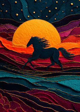 Vibrant Galloping Horse Sunset Illustration