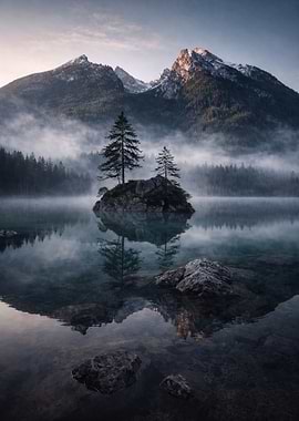 Misty Mountain Lake Reflection