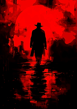 Man in Hat Walking in Red Light