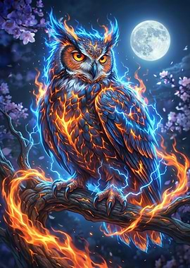 Fiery Owl Under the Moon