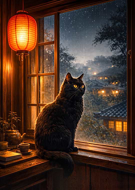 Black Cat in a Japanese Window