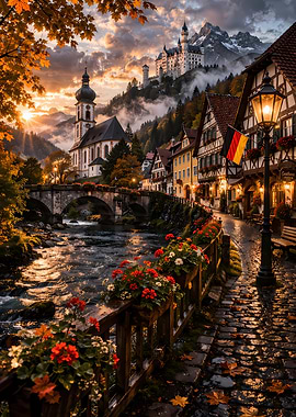 Bavarian Village with Castle and River