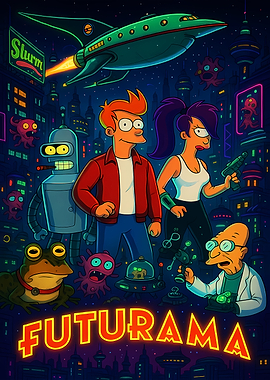 Futurama Characters in a Neon Cityscape