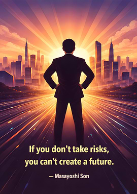 Businessman facing a futuristic cityscape at sunrise