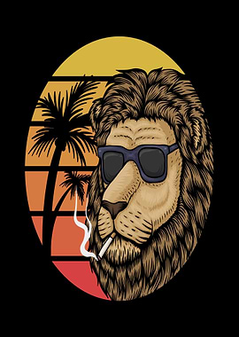 Cool Lion Smoking with Palm Trees