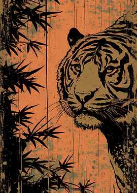 Grunge Tiger Portrait with Bamboo Silhouette