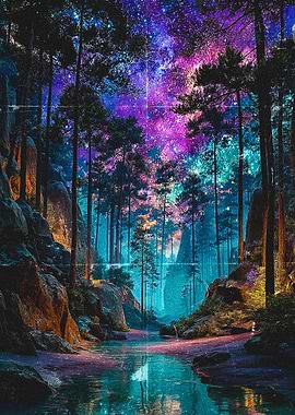 Enchanted Forest Under a Cosmic Sky