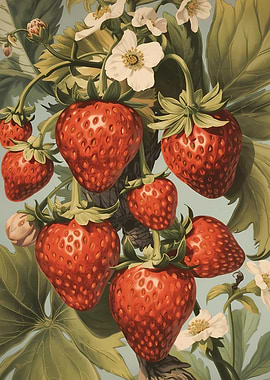 Vibrant Strawberry and Flower Illustration